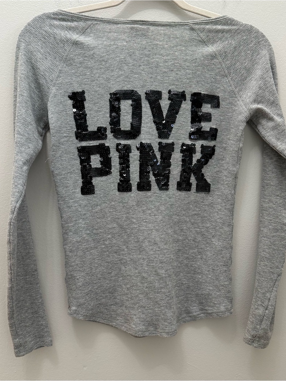PINK Victoria's Secret Long Sleeve Henley with Black Sequin Pink Logo Size XS